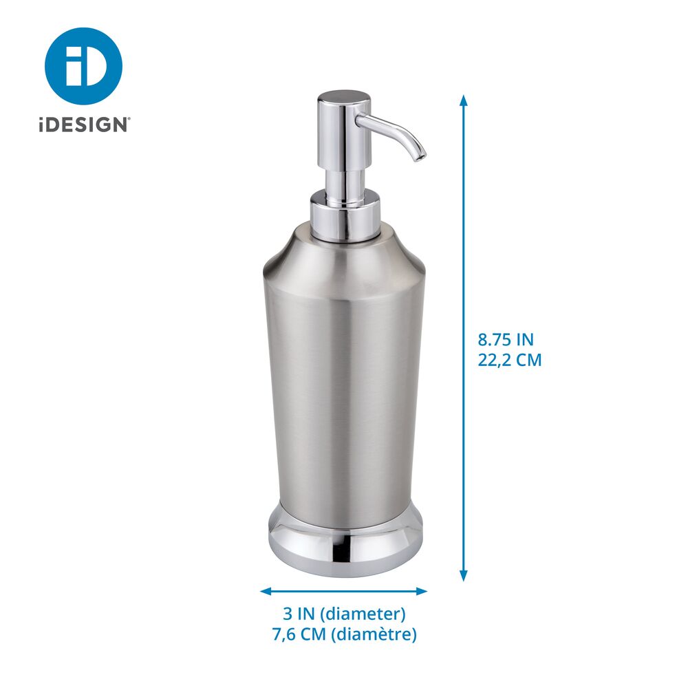 iDesign Stainless Steel Soap Dispenser Pump, 2.9" x 2.9" x 8.5”, Brushed & Chrome Split Finish
