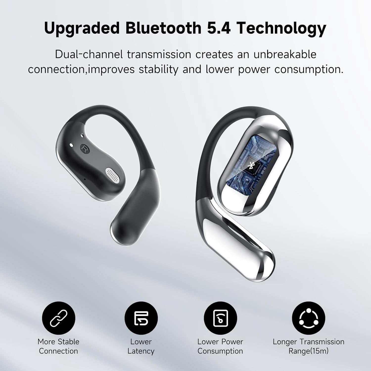 Intelligent Touch Screen Open Ear Earbuds Bluetooth 5.4 Headphones Over The Ear Earbuds 50H Playtime LED Display Charging Case Sport Over Earphones for Running Fitness (Black)