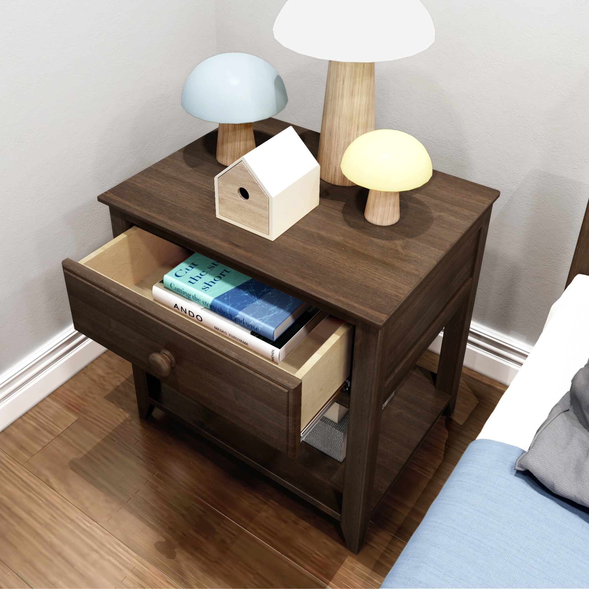 Max & Lily Nightstand with Storage Drawer, Small Solid Wood Bedside, Side Tables for Bedroom