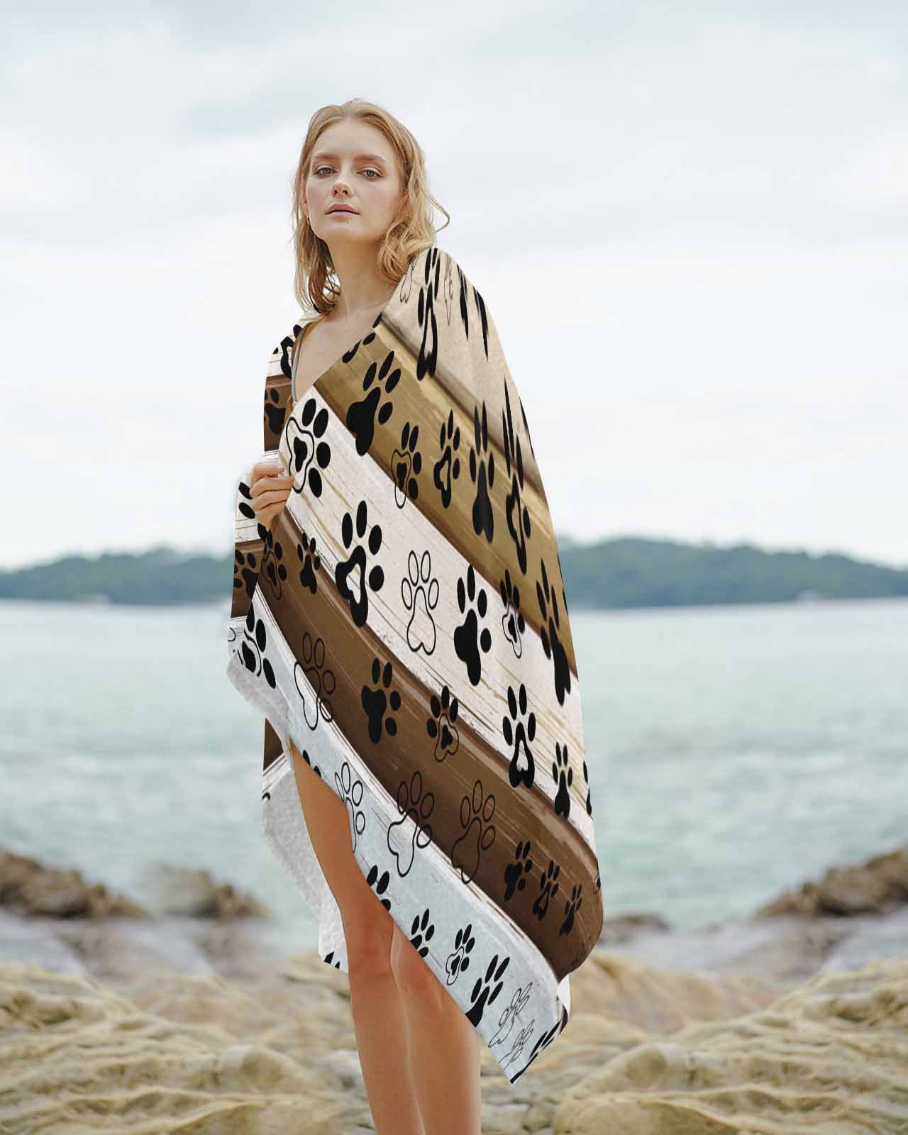 Brown Beige Blue Farmhouse Beach Towels Oversized Super Absorbent, Black Dog Paw Vintage Wooden Lightweight Bath Towel Quick Dry Sets For Bathroom/Pool/Rv Camping/Beach Play/Gym Room/Picnic 31"x62"