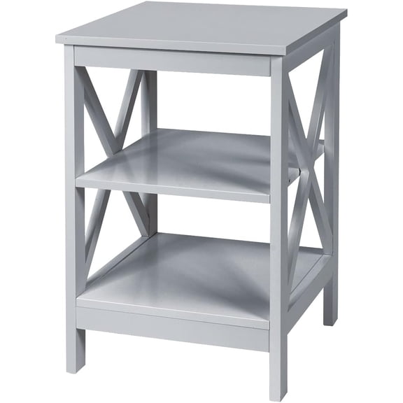 LINJH 3-Tier Nightstand, Wooden Sofa Side Table with Storage Shelves, X-Design Structure, Accent Table Bedside Table End Table for Bedroom, Living Room, Easy Assembly (Grey)