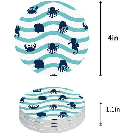 

FMSHPON Ocean Blue Chevron Octopus Seahorse Crab Set of 6 Round Coaster for Drinks Absorbent Ceramic Stone Coasters Cup Mat with Cork Base for Home Kitchen Room Coffee Table Bar Decor