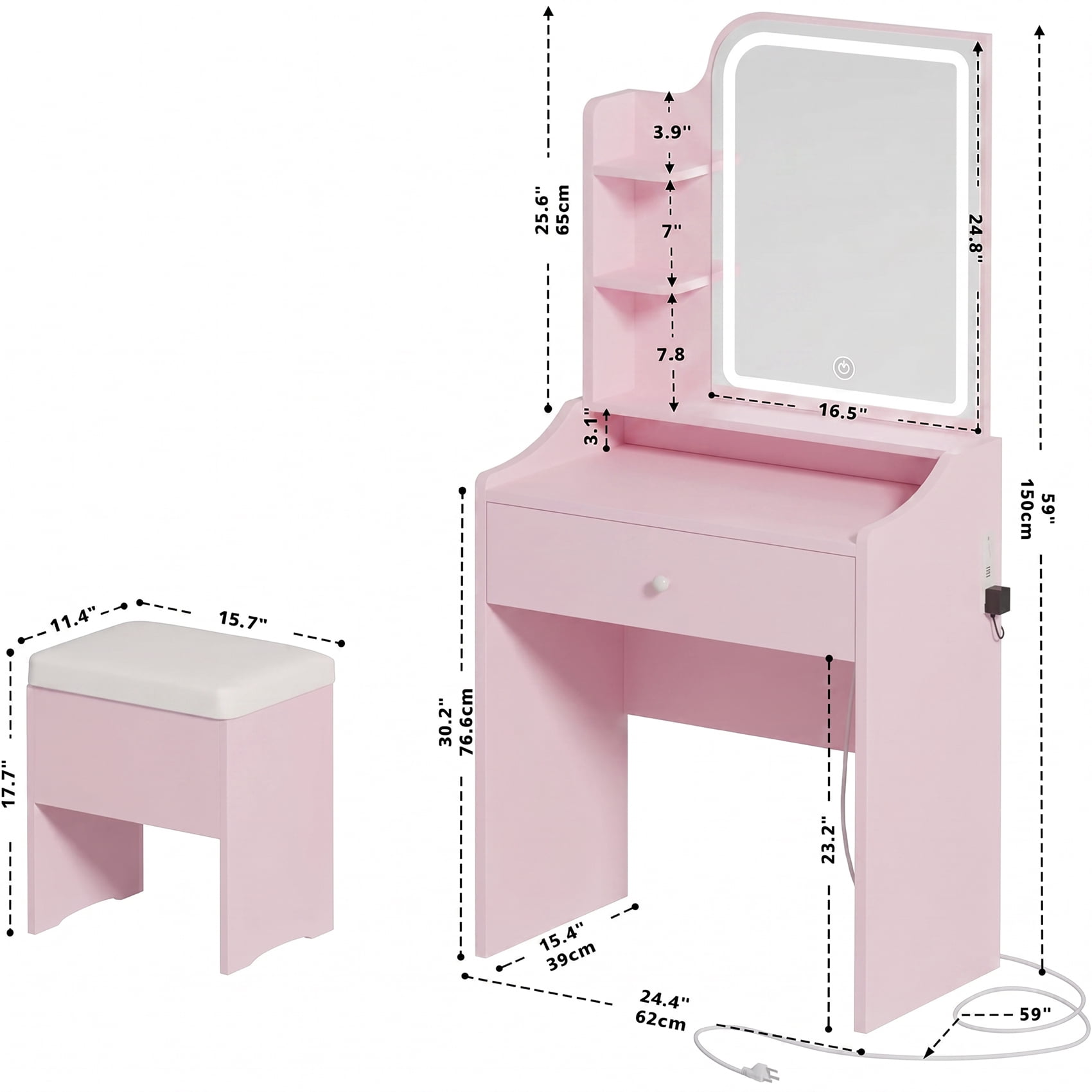 Alvantor Vanity Desk Set With Mirror, Lights, Storage Drawer, And Stool