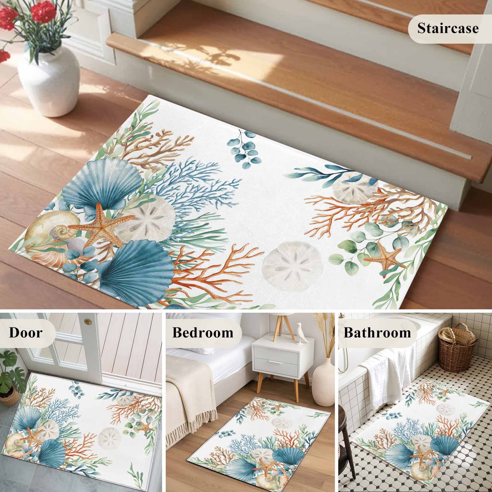 Entryway Rug 2'x3', Beach Coastal Small Rug for Kitchen Bathroom Door Mat Indoor Entrance, Summer Nautical Coral Shell Botanical Non-Slip Area Rugs Floor Mats Carpet Front Door Rugs