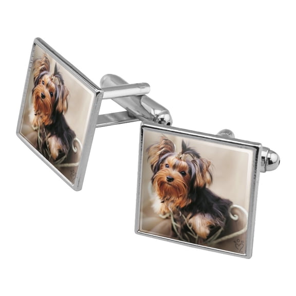 Yorkie Yorkshire Terrier Puppy Dog Satin and Bow Square Cufflink Set - Silver or Gold