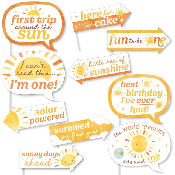 Big Dot of Happiness Funny First Trip Around the Sun Birthday Photo Booth Props Kit, 1st Birthday-Themed Sayings, Retro Sunshine Party Decoration Supplies - 10 Count Selfie Prop Sticks
