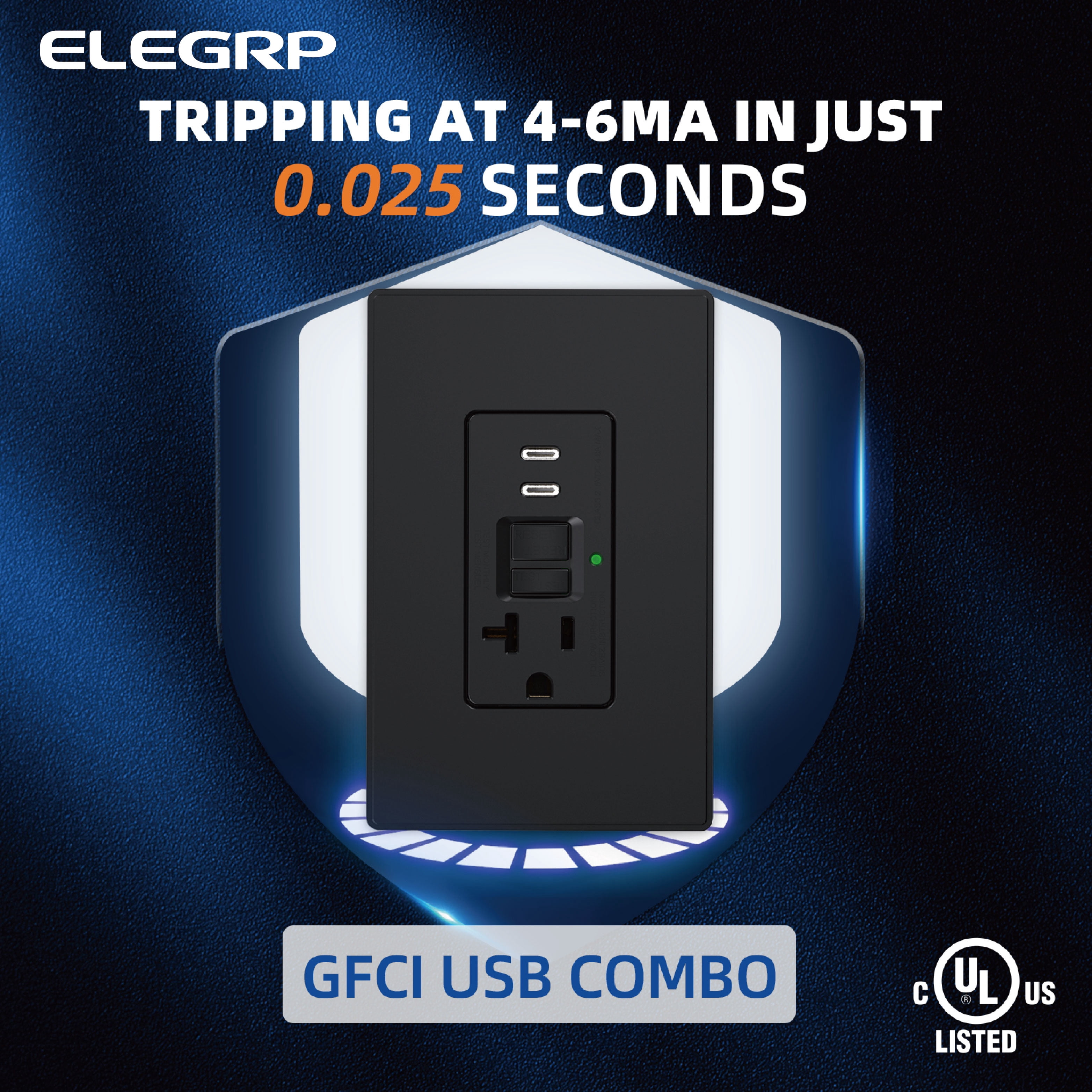 ELEGRP 20 Amp Self-Test GFCI Outle & 24W In-Wall USB Charger combo Receptacle, Dual Type C, Midsize Screwless Wall Plate included, UL & CUL Listed, Black, 1 pack