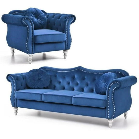 Home Square 2 Piece Transitional Velvet Living Room Set Navy Blue
