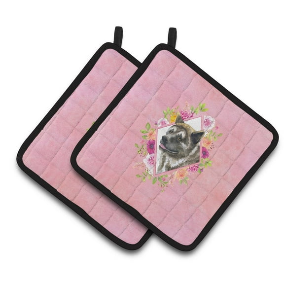 Akita Pink Flowers Pair of Pot Holders