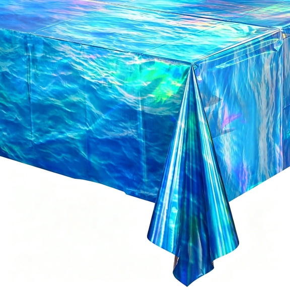 4 Pcs Ocean Wave Iridescent Blue Plastic Tablecloth - Waterproof Holographic Party Table Cover for Beach Surfing, Pool Party & Birthday Gathering Decorations