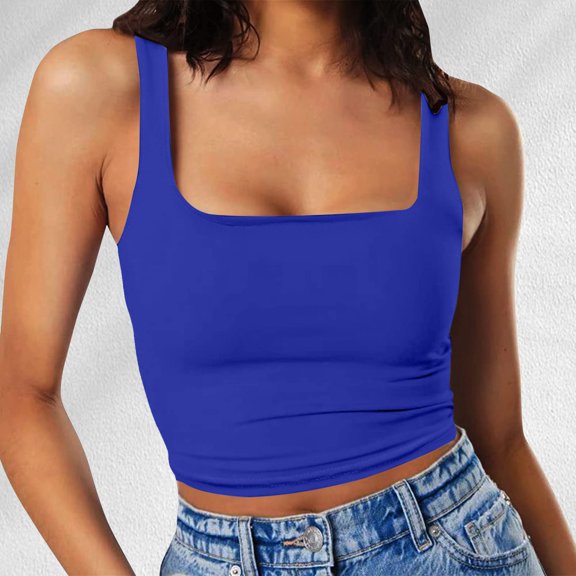 Tanks Camis Women Square Neck Double Layer Top Short For Fitness Daily Wear Camisole Sleeveless Sports Basic Wear Tank Tops Blue LSmall size, recommended to buy one size larger
