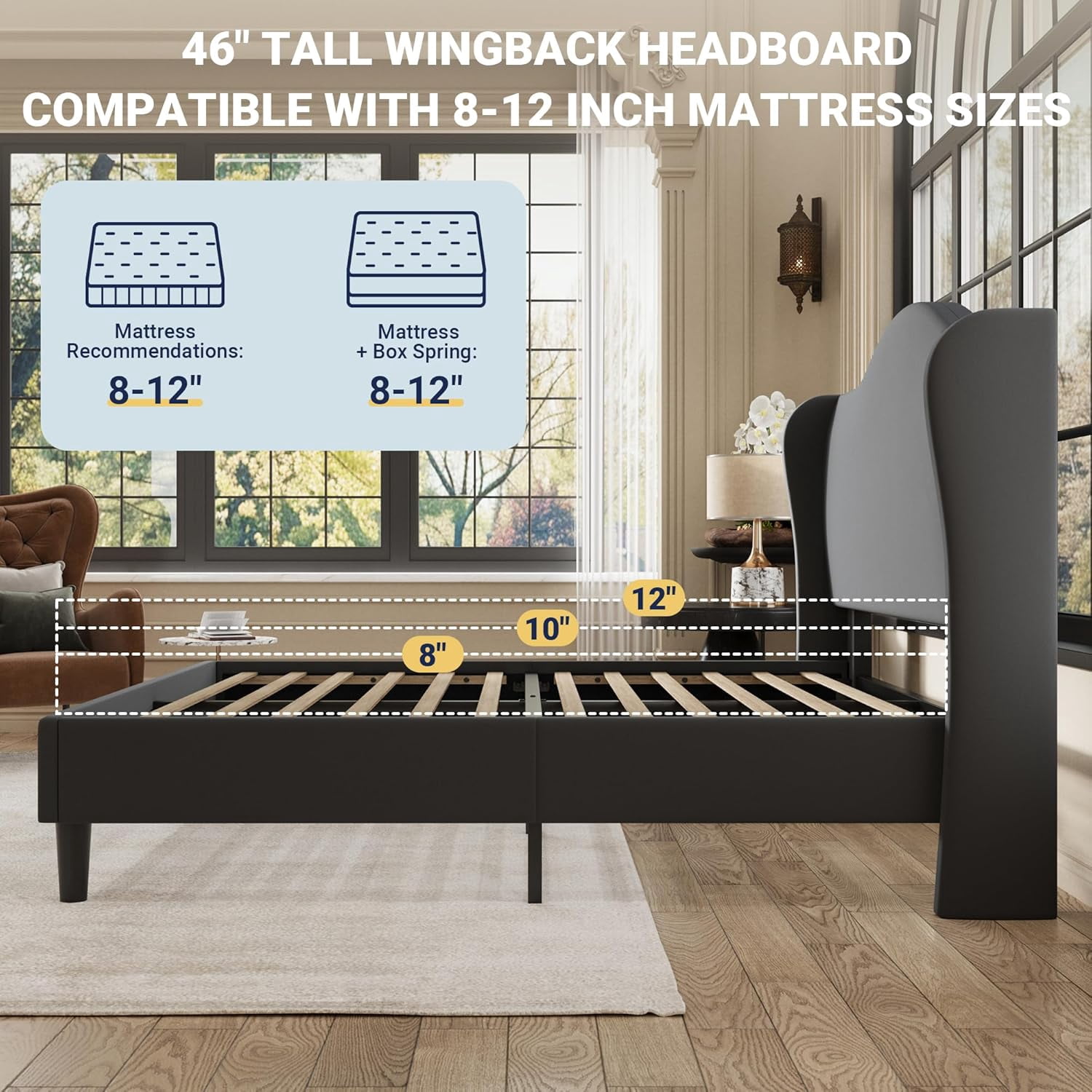 Allewie Full Size Bed Frame, Upholstered Wingback Platform with 47" Tall Tufted Headboard, Plush Velvet Fabric, Modern Minimalist Design, No Box Spring Required, Tool-Free Assembly, Gray