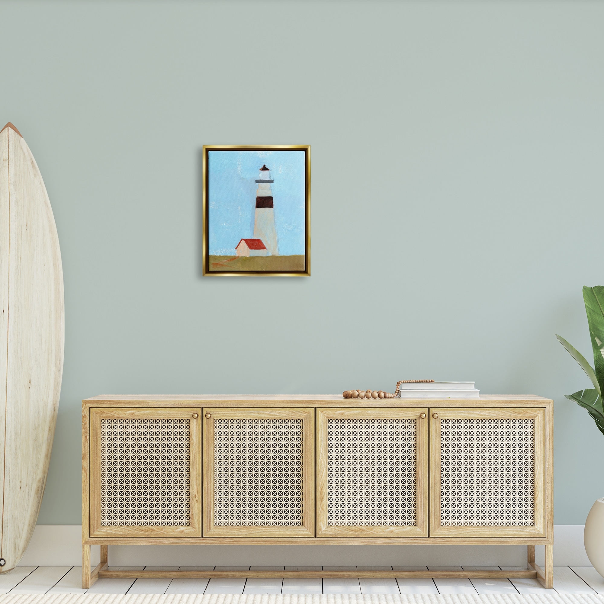 Stupell Industries Lighthouse Daytime Blue Sky Rural Grass Scene Painting Metallic Gold Floating Framed Canvas Print Wall Art, Design by Jacob Green