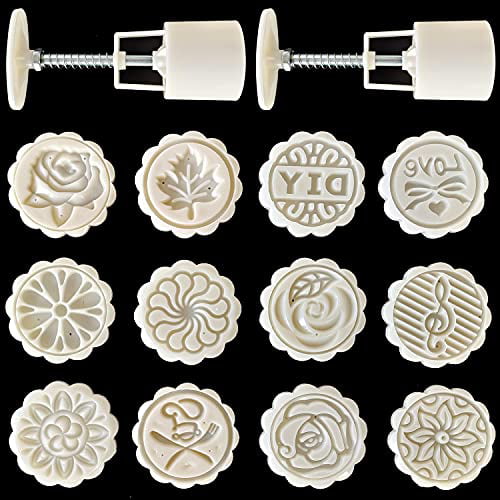 14 Pieces Bath Bomb Mold Set Includes 2 Pieces Bath Bombs Press and 12 Pieces Different Stamps for Making Bath Bombs DIY Moon Cake Mold Kit 