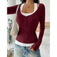 thumbnail image 6 of Lenpel Women's Long Sleeve T-Shirts Square Neck Quarter Button Color Block 2 in 1 Slim Tee Tops Soft Casual Blouses(Wine,Medium), 6 of 6