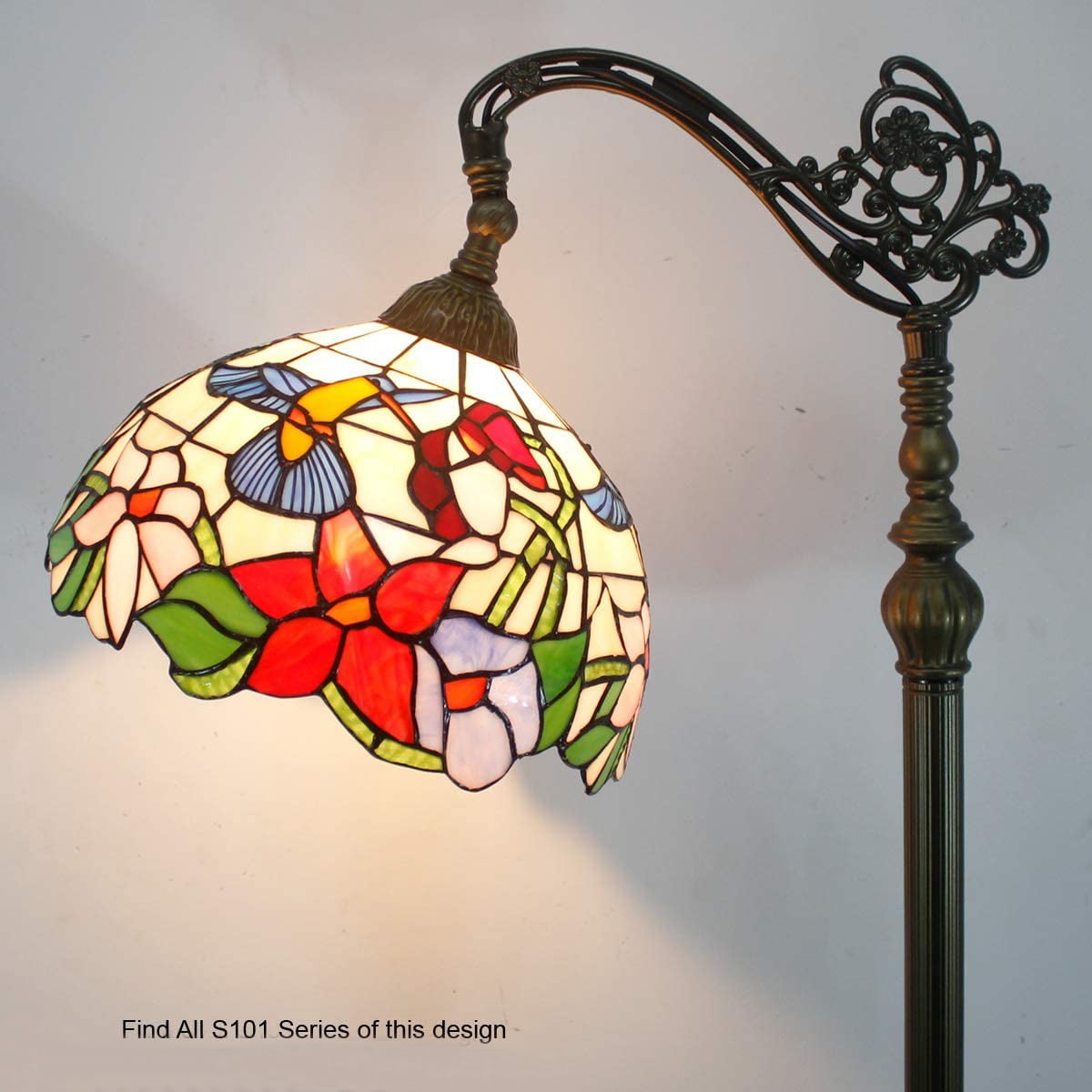 Tiffany Floor Lamp LED 64" Tall Industrial Pole Vintage Boho Hummingbird Stained Glass Standing Corner Bright Reading Light Arched Gooseneck Adjustable Living Room Kids Bedroom Farmhouse