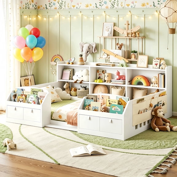 Twin Montessori Floor Bed with High Safety Rails, Bed Frame with Storage Bookcase& Shelves& Fabric Drawers, Sturdy Wooden Platform Bed Frame, White