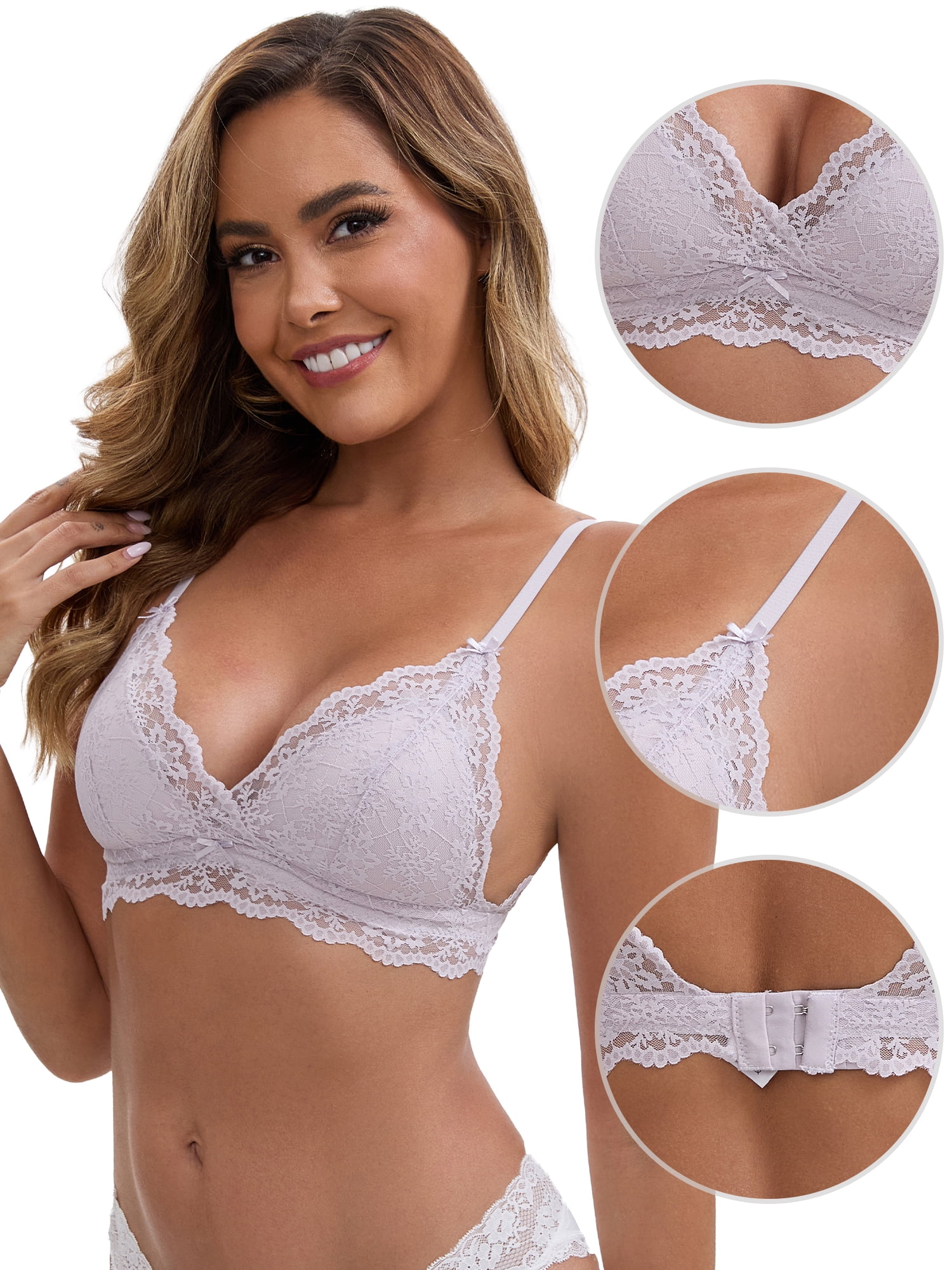 DARING DIVA Lace Plunge Wireless Bra Adjustable Spaghetti Straps 36B Purple