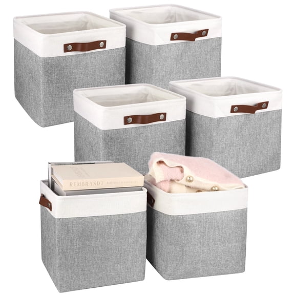 6 Pack Fabric Storage Cubes – 11" x 11" Foldable Bins with PU Leather Handles, Gray & White Closet Organizers for Shelves, Drawers, Clothes, Toys & Books