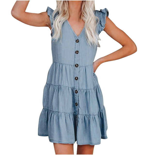 Vestido vaquero con volantes y cuello en V sin mangas a la moda de verano para mujer Fridja hj3791