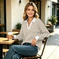thumbnail image 3 of MecTo Women's Herringbone Knit Polo Sweater V Neck Long Sleeve Casual Fall Pullover, 3 of 9