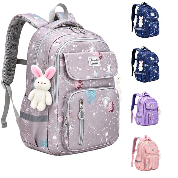 WAYUTE Backpack for Kids Galaxy Star Print Back to School Backpack with Cute Bunny Pendant Large Capacity Lightweight Comfort Bookbag Casual Outdoor Travel