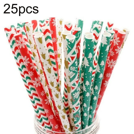 

YZdevelop 25Pcs Christmas Tree Snowflake Hat Dot Print Disposable Paper Drinking Straws