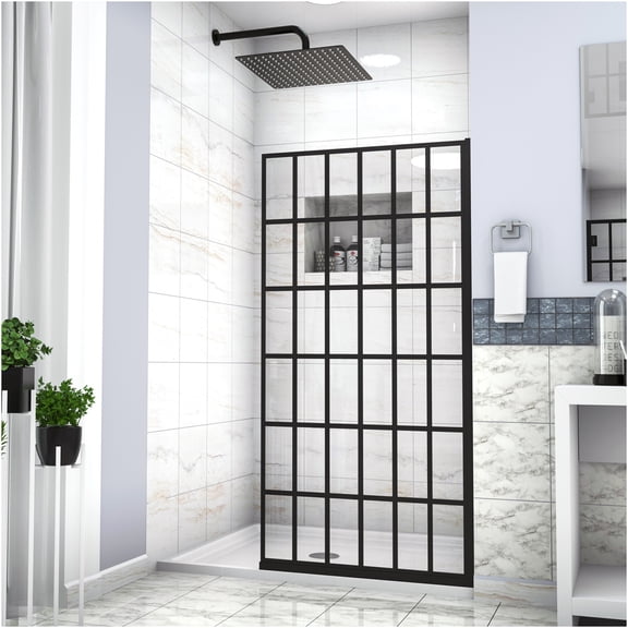JERFIT 38x72 inch Frameless Single Shower Door, Matte Black Fixed Glass Panel with Easy Clean, 5/16" Tempered Glass for Walk-In Open Entry