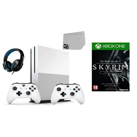 Microsoft Xbox One S 500GB Gaming Console White 2 Controller Included with The Elder Scrolls V- Skyrim BOLT AXTION Bundle Used