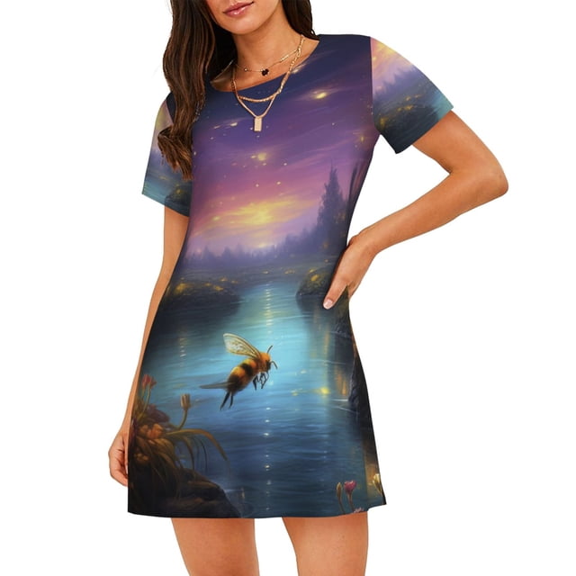 Easygdp Magical Bees Twilight River Camisón de manga corta para mujer, informal, estampado