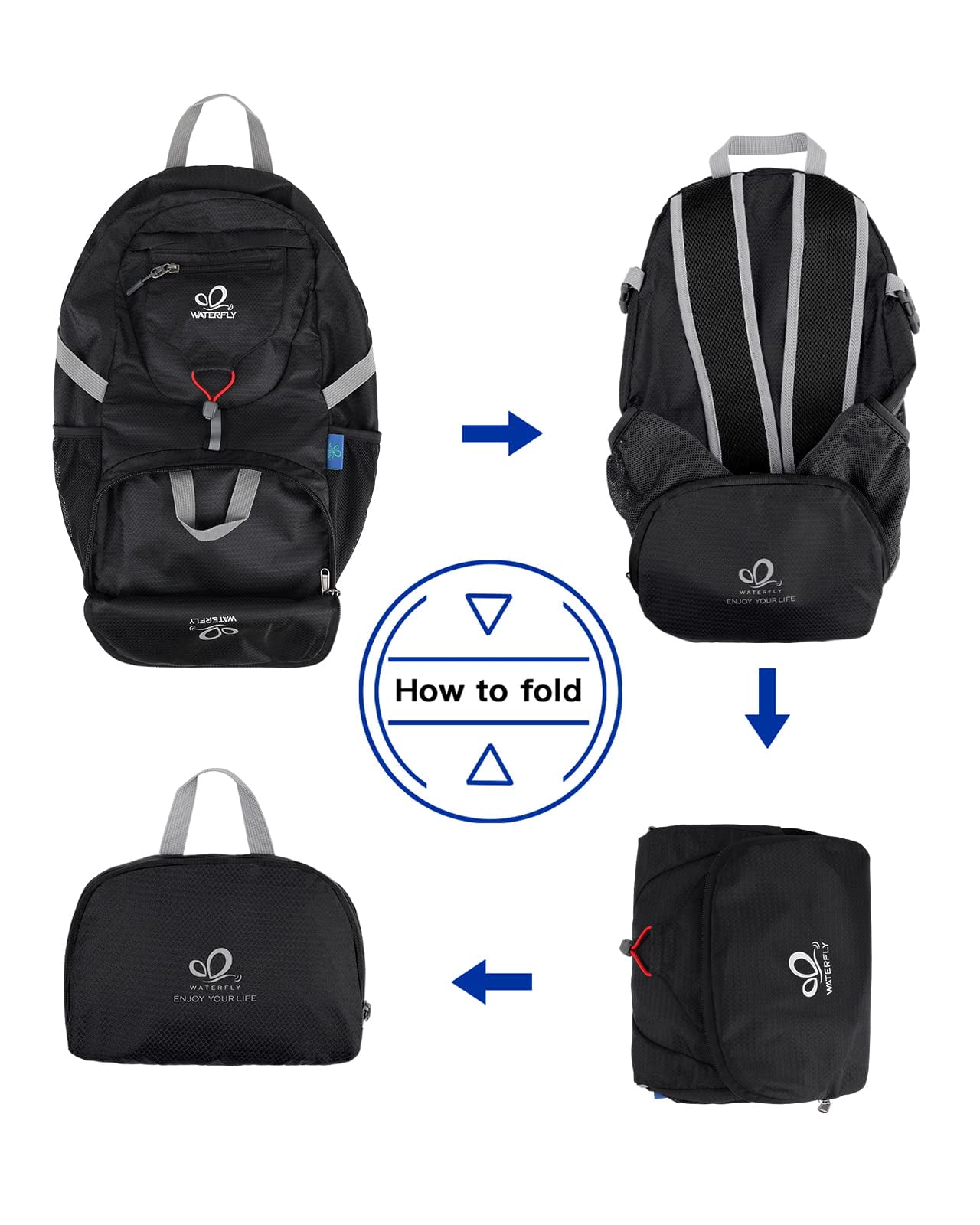 WATERFLY Unisex 20L Small Foldable Packable Travel Hiking Nylon Backpacks Daypack,Black