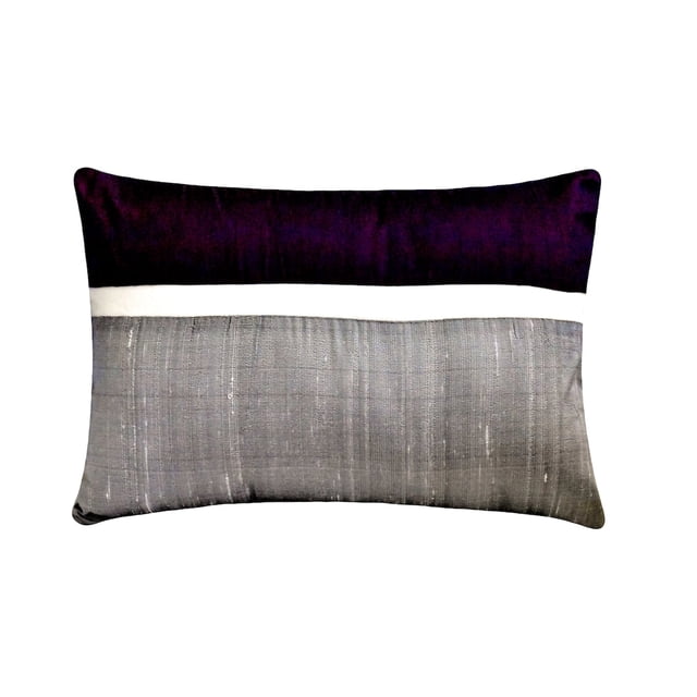 Funda de almohada lumbar morada de 30 x 45 cm (12 x 18 pulgadas), almohada rectangular de seda con diseño de bloques de color y patchwork, diseño moderno de rayas - Seda morada afelpada