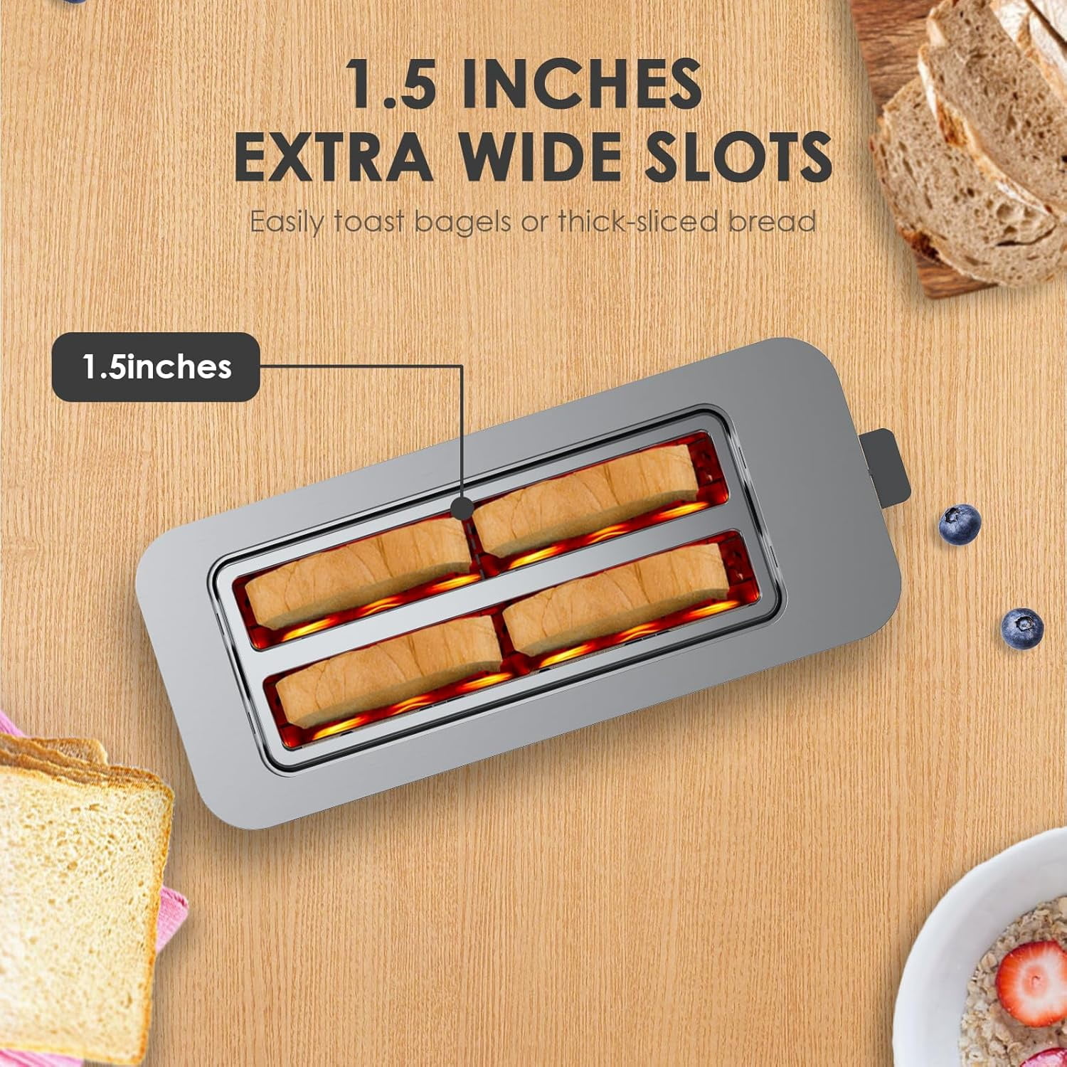 Maircle Toaster 4 Slice, Long Slots 1.5" Extra Wide Slots for Bagels & Waffles, TouchScreen, 6 Browning Levels, Timer, Defrost, Cancel Function, Auto Shut-Off, Removable Crumb Tray, Stainless Steel