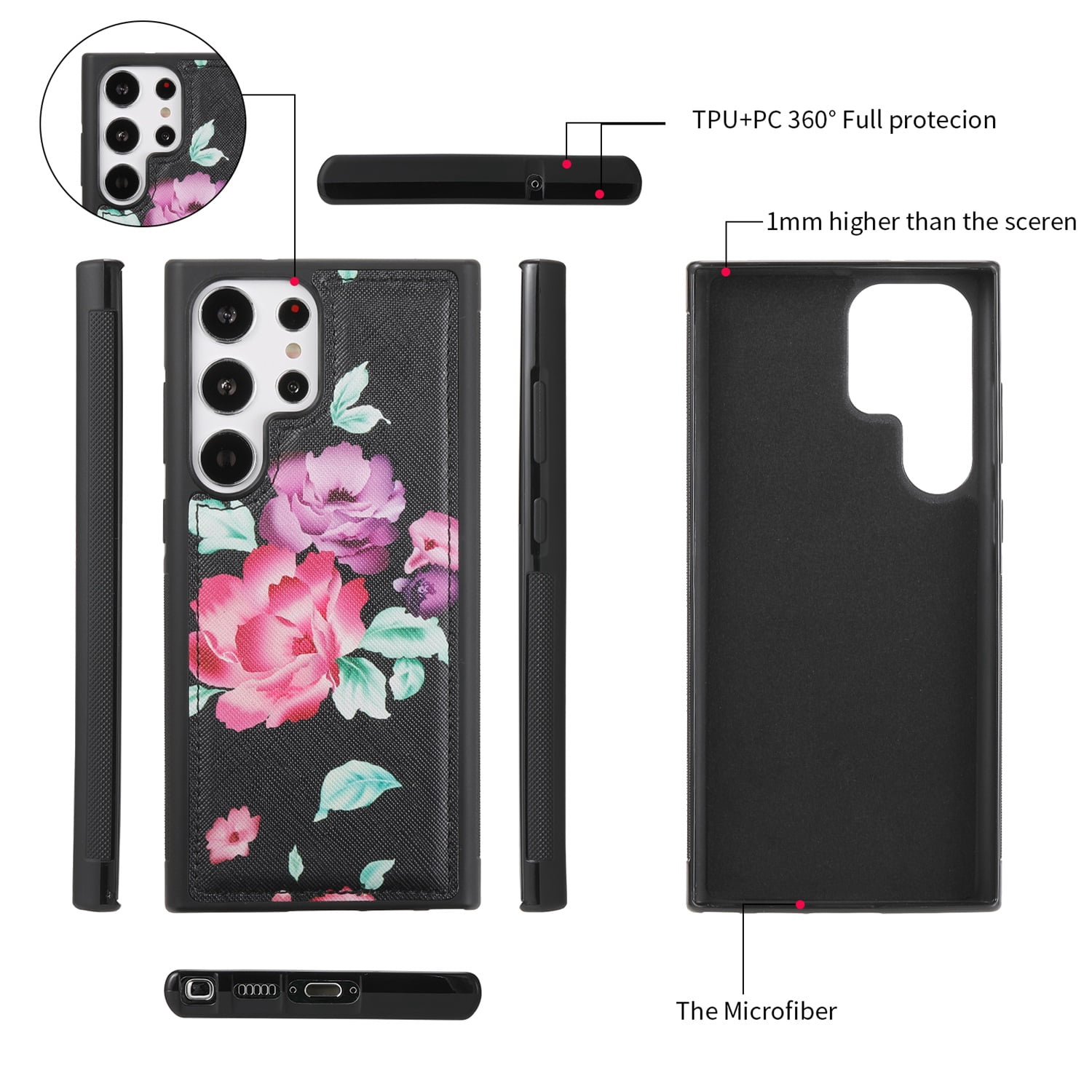 SaniMore Magnetic Detachable Wallet Case for Samsung Galaxy S22 Ultra, Flower Pattern RFID Blocking Cover Support Wireless Charging Card Slot Shoulder & Wrist Strap 360° Full Protective Shell, Black