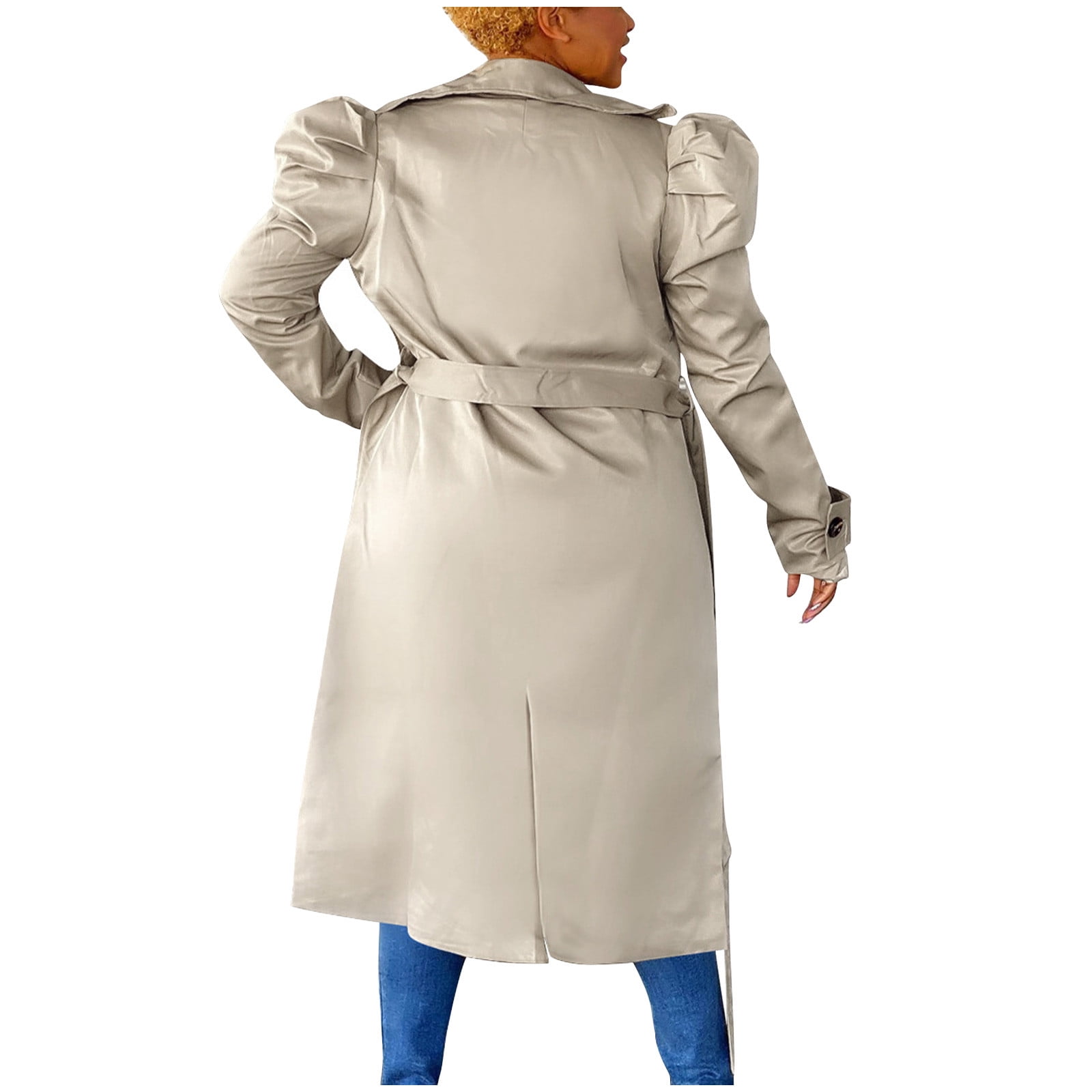 Timegard Womens Trench Coat Ruffle Long Sleeve Lapel V Neck Double