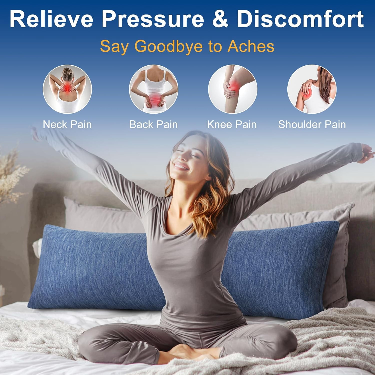 XWZO Long Bed Pillow 1 Piece, Soft & Fluffy Cooling Body Pillow for Side Sleepers, Breathable Shredded Memory Foam Pillow for Summer, 20 x 60 Inches, Blue
