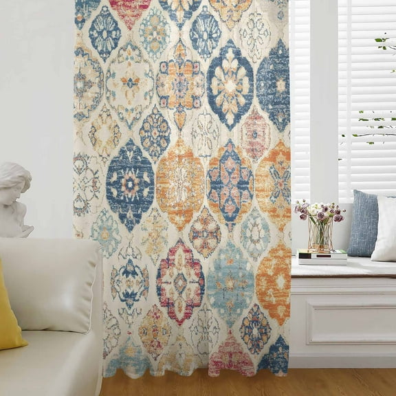 Boho Morocco Semi Sheer Curtains Drapes for Living Room, Bedroom, French Doors Window 72 Inches Long, Retro Farmhouse Ethnic Neutral Aesthetic Rod Pocket Chiffon Curtain Drapery Voile Drape Panel