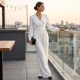thumbnail image 6 of Jumpsuits for Women Summer Dressy V Neck High Waist Long Sleeve Romper with Pockets Casual Summer Beach Trendy Outfit, M, 6 of 7