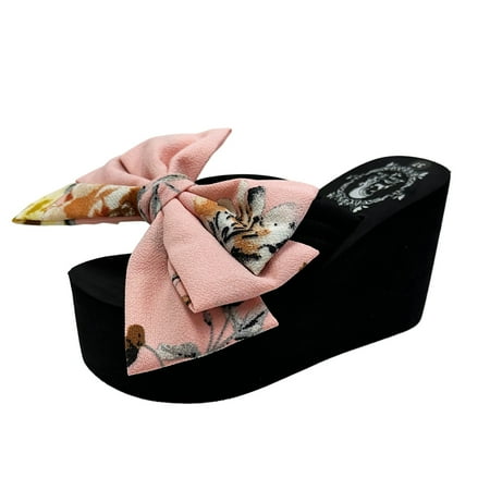 

ZHAGHMIN Thick Sole Bow Flip Flops for Women Extra High Heels Floral Printed Wedge Bowknot Sandals Outdoor Platform Slippers Bohemian Pink Size8