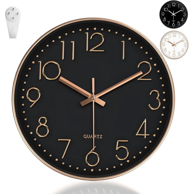 Relojes Pared Cuarzo Silencioso Moderno, Relojes Pared Redondo 25 CM, Sin Tictac, Reloj de Pared Decorativo para Sala de Estar, Dormitorio, Oficina, Cocina (Negro y Dorado)