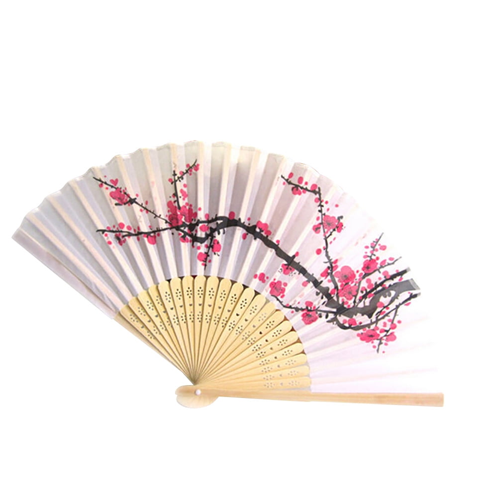 Japanese Bamboo Handfan Hand Held Folding Silk Fan with cherry blossom design 