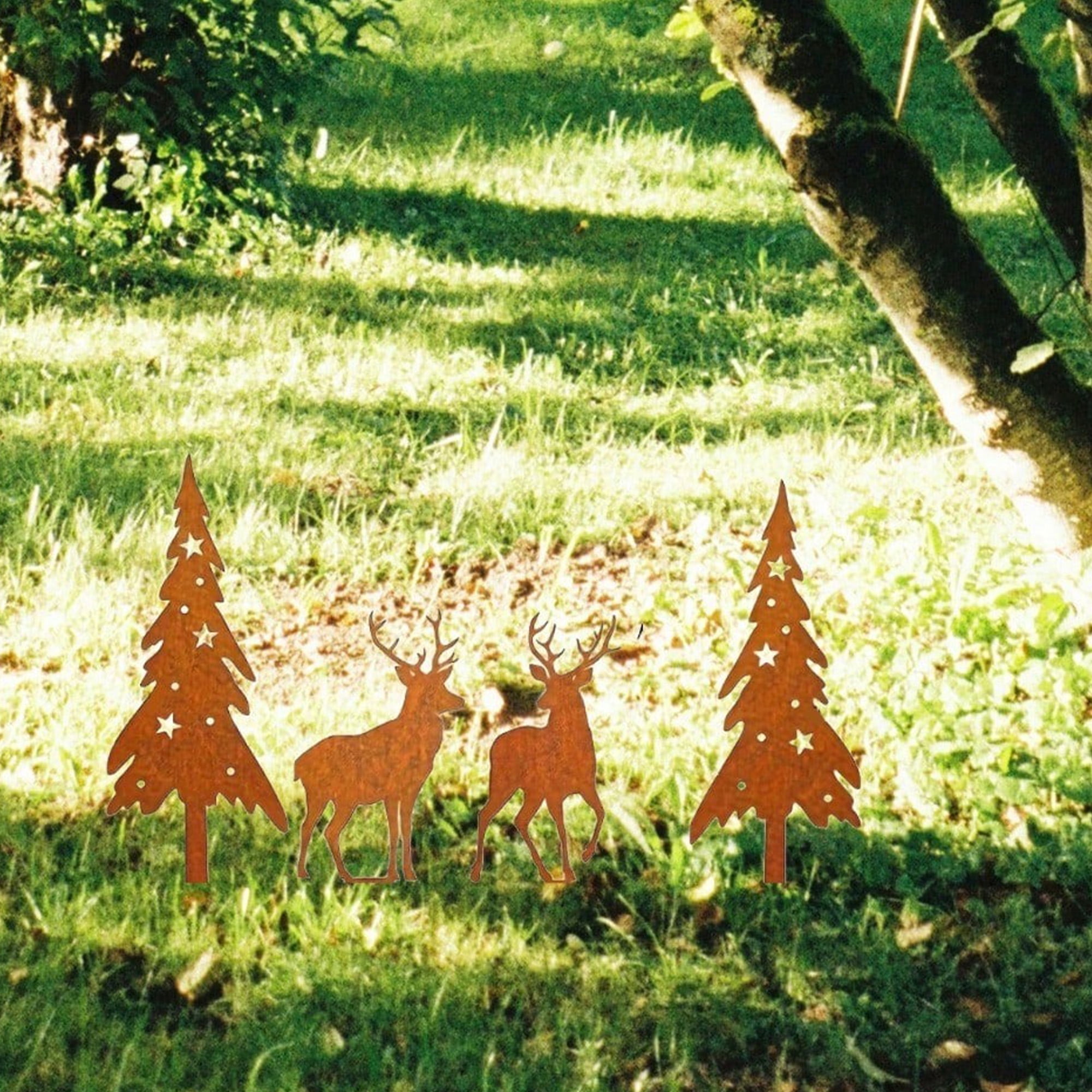 4 Pcs Metal Deer and Tree Sculpture Set Rustic Garden Statues,Cute Animal Silhouette Yard Art for Yard Art, Outside, Patio, Outdoor Decor, Garden Decorations, Lawn Ornaments