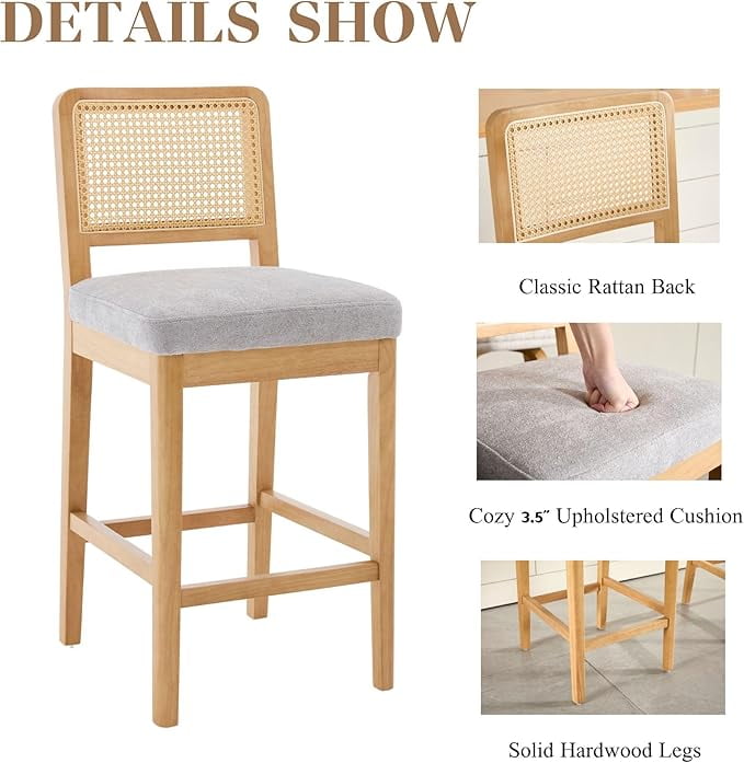 Guyou Counter Height Bar Stools Set of 2, 26" Farmhouse Wooden Rattan Bar Stools, Modern Chenille Upholstered Breakfast Barstools, Boho Wicker Woven Kitchen Island Chairs for Bar Bistro, Grey