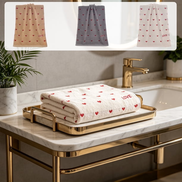 Lekihaqq Soft Absorbent Cottons Towels Thick Face Hand Towel Heart Embroidery Love Design Gentle Quick Dry For Bathroom Home Daily Use Adults