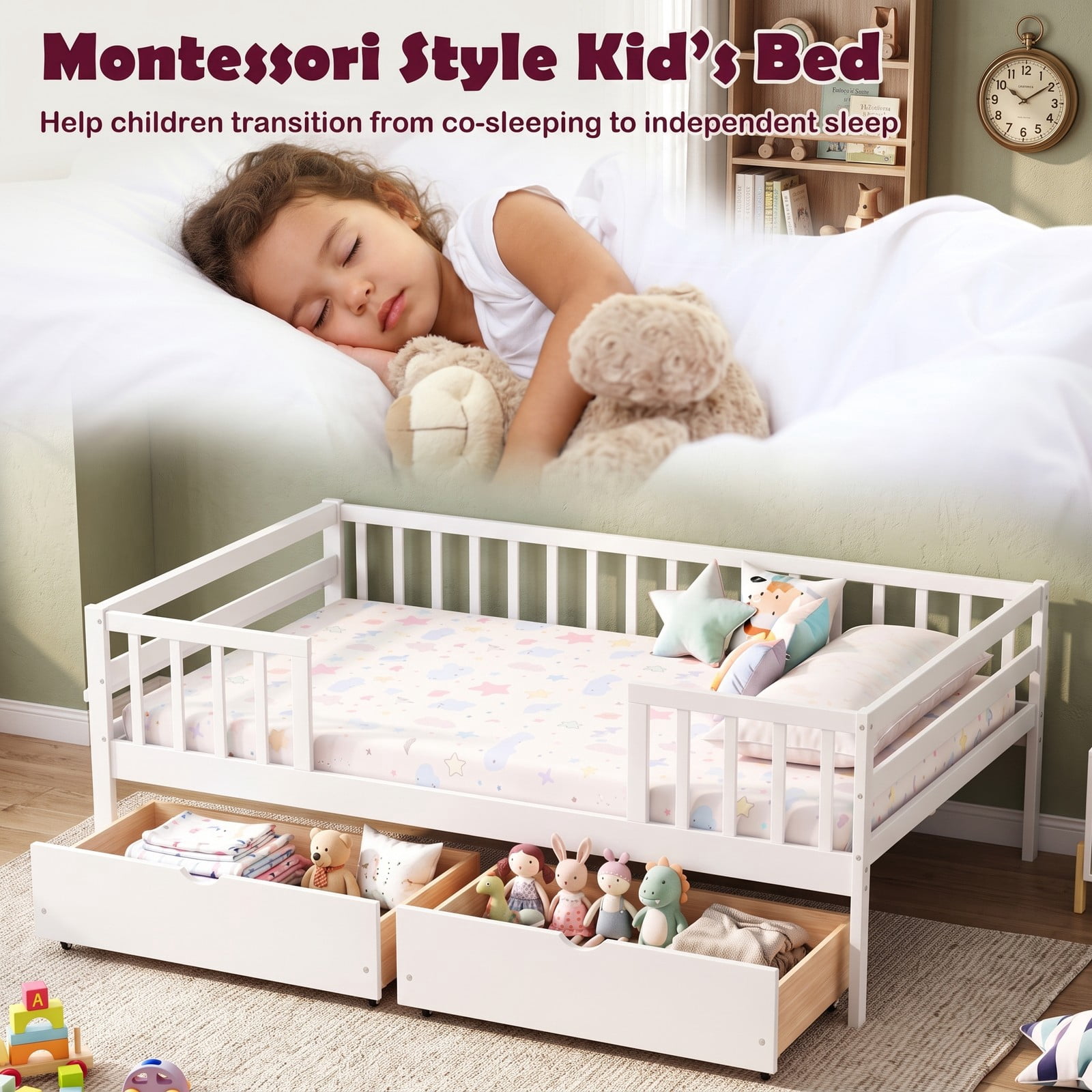 Furnibear Full Size Wood Daybed with Full Fence Rails and 2 Pull-Out Storage Drawers for Kids and Teens Bedroom and Nursery, White