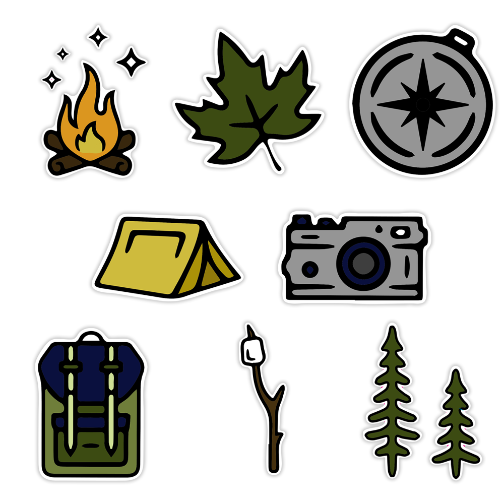 8 Pack Cute Camping Decal Set, Great Accessories for Waterproof Water