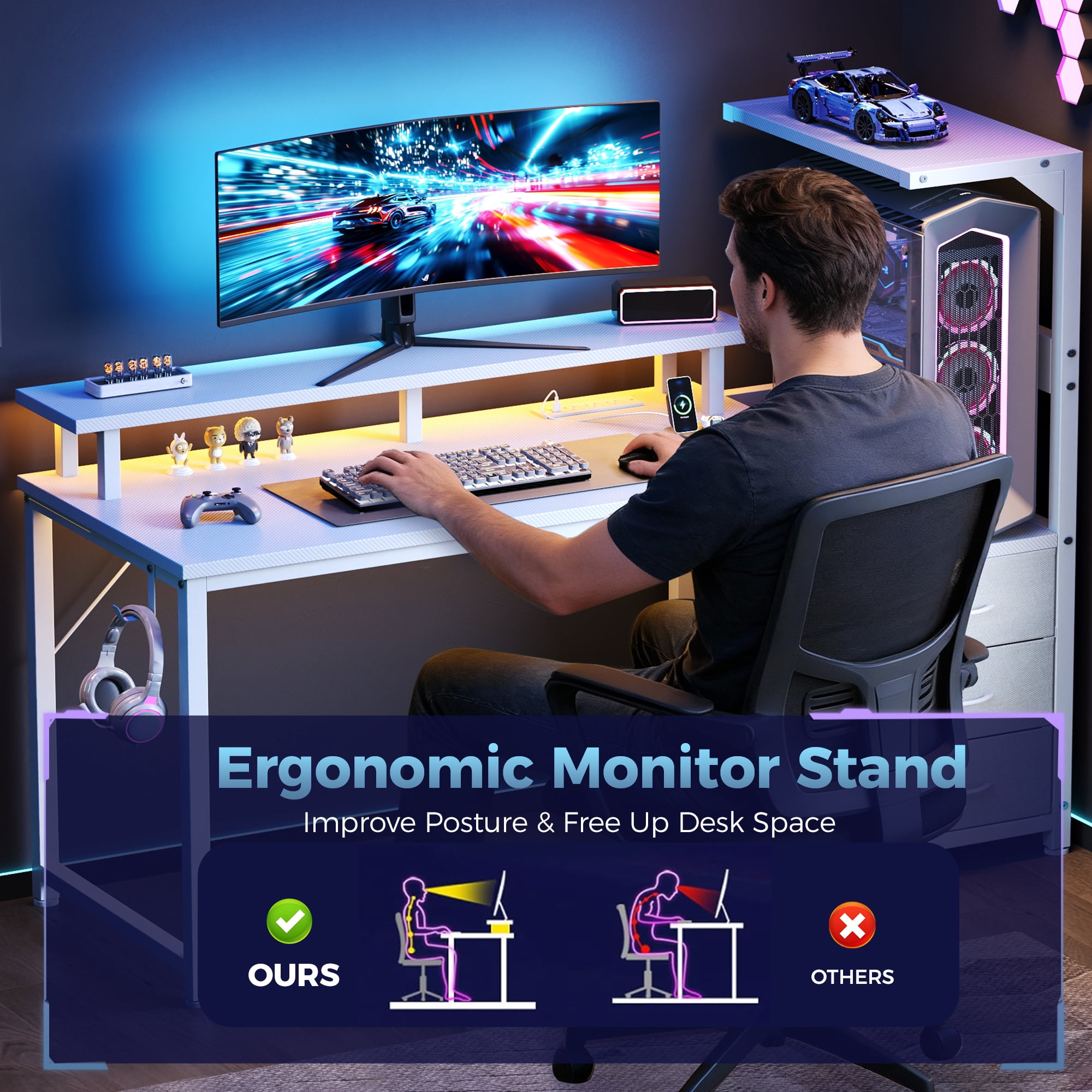 CONCETTTA Gaming Desk, 52 Inches, With Shelf Storage Drawers, White Computer Desk With Led Lights And Power Sockets, Office Wooden Desk With Pc Stand And Cable Management