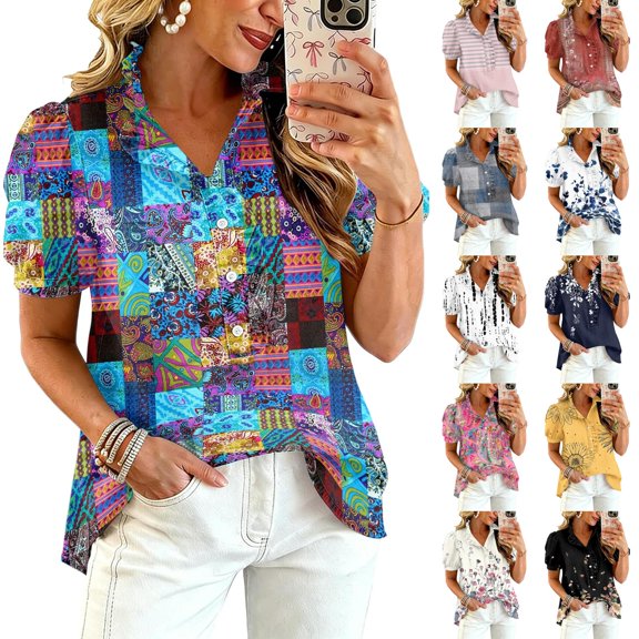 Boho Patchwork Print Blouse for Women, V-Neck Short Sleeve Button Down Top with Puff Sleeves - Colorful Casual Summer Tunic Shirt for Vacation & Beach Black L