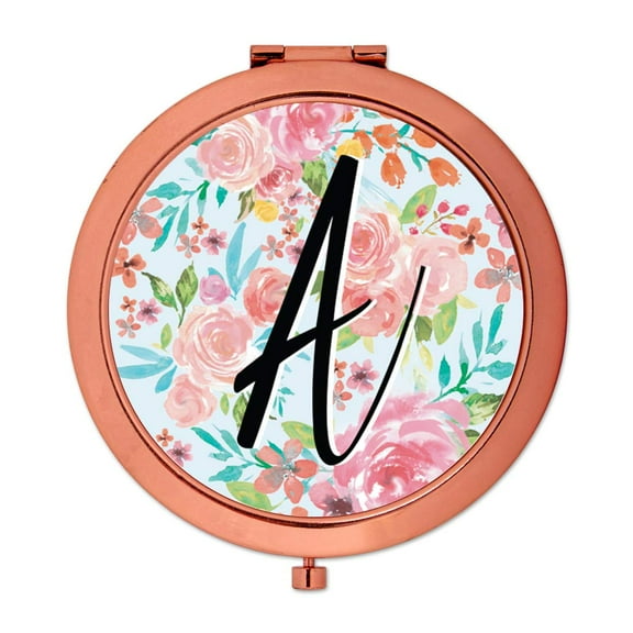 Koyal Wholesale Compact Mirror Bridesmaid's Wedding Gift, Rose Gold, Monogram Letter A, Tea Party Pink Floral Flowers