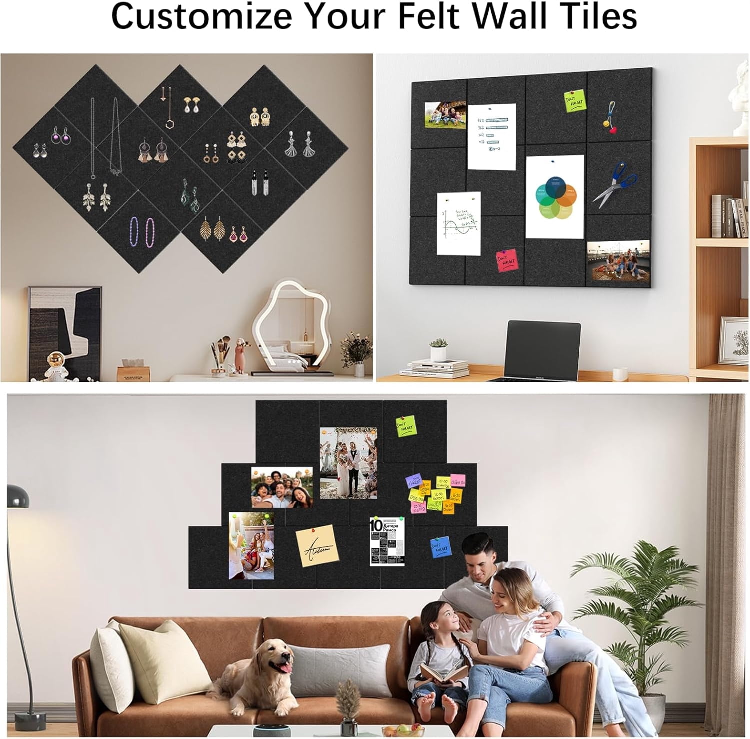 12 Pack Cork Boards for Walls Topboutique Bulletin Boards Felt Wall Tiles Square Corkboard Noise Reduction Alternative Cork Board with Pushpin for Office School Home Walls,12" x 12"-Black